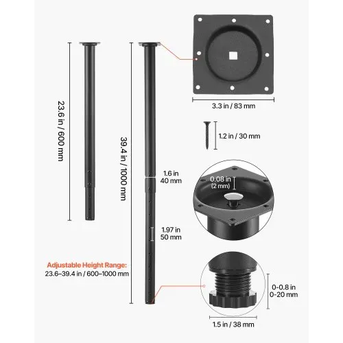 VEVOR Tischbeine 4er-Set, Möbelfüße 60–100 cm Höhenverstellbar, Tischfüße Max. 544 kg, Teleskopbein aus Kohlenstoffstahl, für Schreibtische, Couchtische, Esstische, Werkbänke, Rund – Bild 4