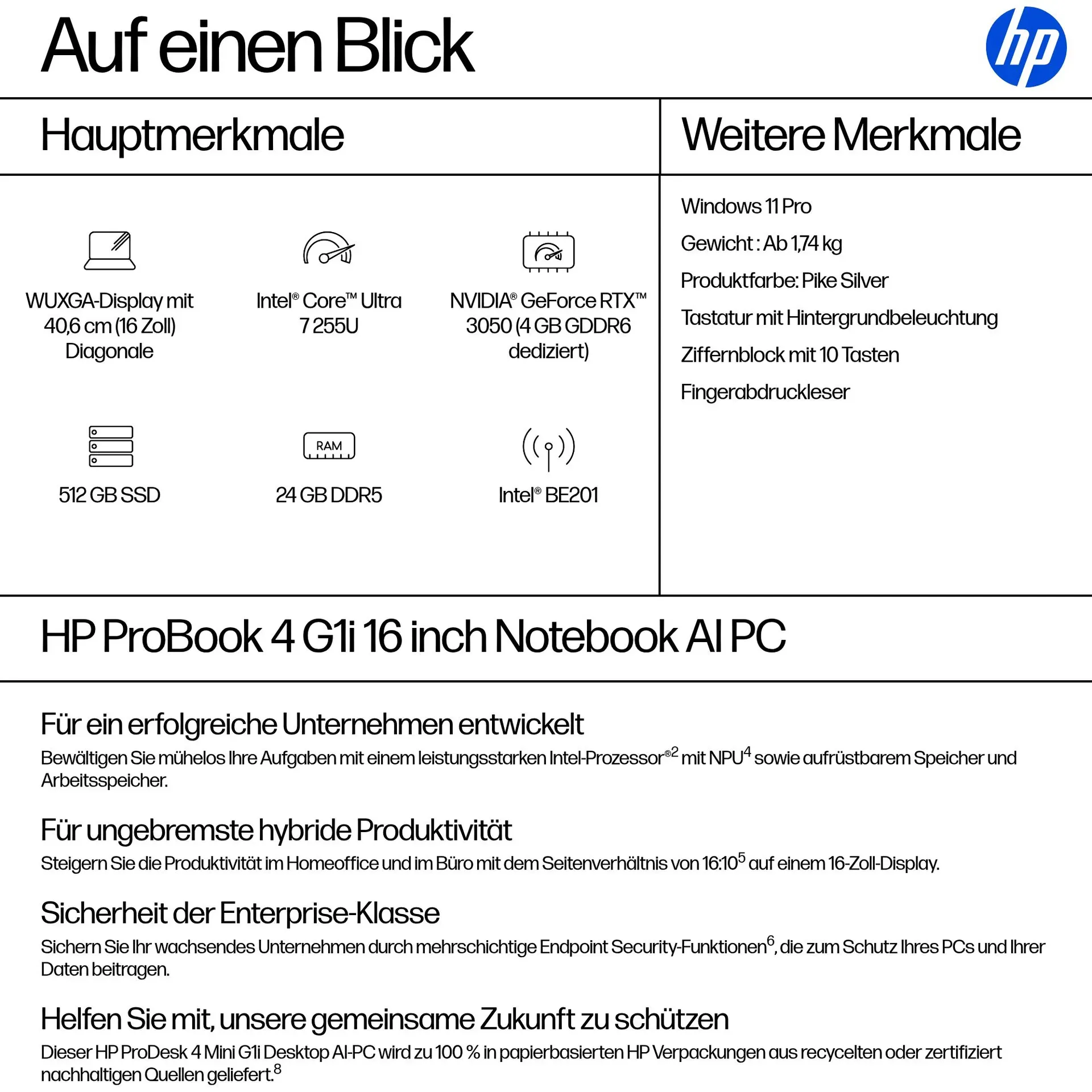 HP ProBook 4 G1i AI Intel Core Ultra 7 255U Laptop 40,6 cm (16") WUXGA 24 GB DDR5-SDRAM 512 GB SSD Wi-Fi 7 (802.11be) Windows 11 Pro AI PC Silber – Bild 4