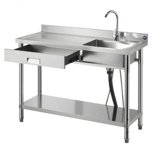 VEVOR Spültisch Spülbecken Edelstahl (120 x 50 x 94 cm), Einzelbecken mit Wasserhahn & Schublade, Küchenspüle für Garage Restaurant Wäscherei, Waschtisch Außenspüle mit Arbeitsplatte (links) – Bild 8