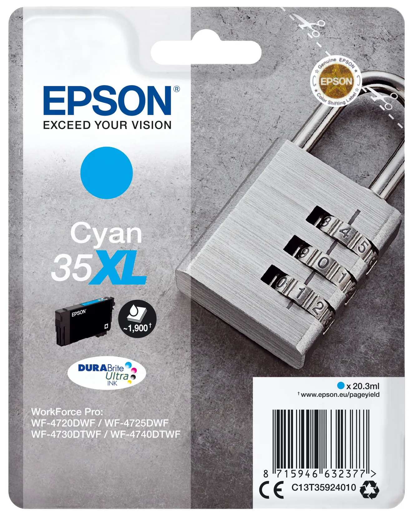 Epson Padlock Singlepack Cyan 35XL DURABrite Ultra Ink Epson Padlock Singlepack Cyan 35XL DURABrite Ultra Ink