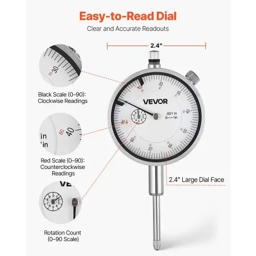 VEVOR Messuhr Imperial, 0,001 Zoll/0,03 mm Genauigkeit, 0–1 Zoll/0–25,4 mm Messbereich, gut lesbares großes Zifferblatt, professionell für Innendurchmessermessung, Rundlauferkennung, Ebenheitsprüfung – Bild 3