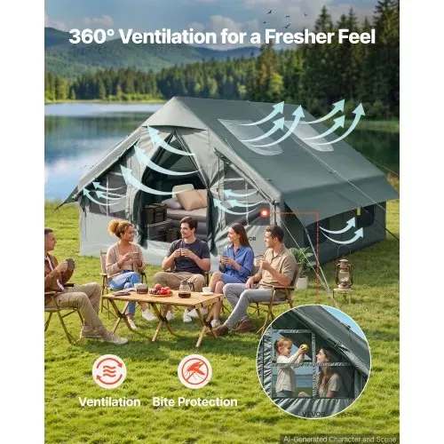 VEVOR Aufblasbares Campingzelt Familienzelt Luftzelt 5-8 Personen Grün, für Outdoor-Aktivität Wasserabweisendes 420D Oxford-Gewebe mit Dachfenster Ofenrohrdurchführung Netzfenster & Tragetasche – Bild 4