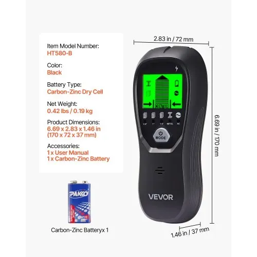 VEVOR Balkenfinder, Wandscanner, 5-in-1, elektronischer Multidetektor mit intelligentem Sensor, hochauflösendem LCD-Display & Audioalarm, für Metall, Wechselstromkabeln, Balken, Rohren, Schwarz – Bild 6