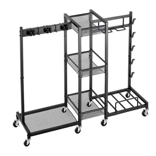 VEVOR Gartengeräte Ständer 1020x300x865mm Gerätehalter mit Rollen Schwarz, Aufbewahrungsregal für Garage Schuppen Garten, Stahlkonstruktion, 3-in-1 mit 3 Ablagefächern Staubsaugerhalter & Klemmsystem – Bild 9