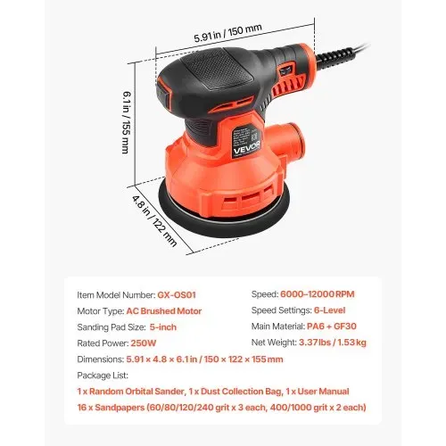 VEVOR 250W Exzenterschleifer 127mm Elektrisches Schleifgerät Holzschleifer, 6000-12000U/min, 6 Stufige Drehzahlregelung, 16 Schleifpapiere, Staubbeutel, 3m Netzkabel, Handschleifer für Holzbearbeitung – Bild 6