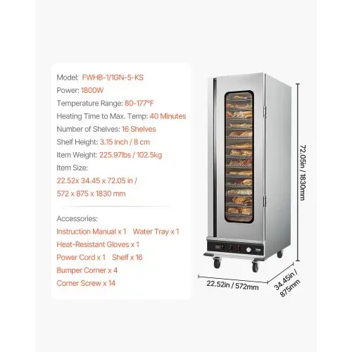 VEVOR Hot Box Speisenwärmer Imbisswärmer mit 16 Ebenen & Wasserschale & Glas-Einzeltür & verstellbaren Ablagen, Speisewärmerschrank aus Edelstahl, ideal zur Aufbewahrung von Pizza Hühnchen – Bild 6
