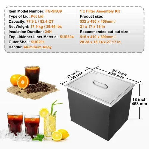 VEVOR Drop-in-Eisbox, 77,9 L Edelstahl-Eiskühler, 532 x 430 x 458 mm Kommerzieller Eisbehälter mit Abdeckung, Eingebaute Eisspeichertruhe, Abflussrohr und Ablassstopfen im Lieferumfang Enthalten – Bild 6