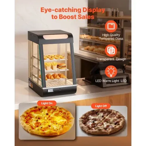 VEVOR 3-stöckige Wärmetheke 57 L, Warmhaltevitrine 800 W, Warmhaltetheke 30–85 °C, Speisenwärmer mit LED-Beleuchtung & Verstellbaren Ablagen, Speisevitrine für Hamburger Pizza Brot Brathähnchen – Bild 3