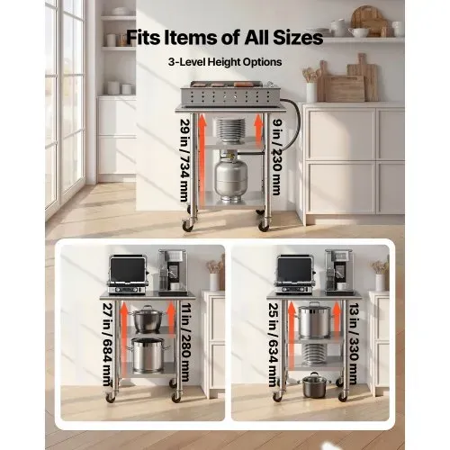 VEVOR Gasto Arbeitstisch 762 x 610 x 864 mm, Edelstahltisch mit 3 Ebenen & Rollen & Höhenverstellbaren Ablagen Belastbarkeit Top 227 kg & 2 Unterablagen je 191 kg Vorbereitungstisch für Restaurant – Bild 5
