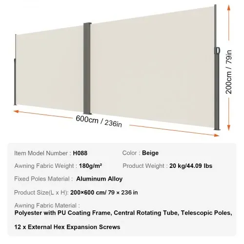 VEVOR Seitenmarkise 200 x 600 cm Seitenwandmarkise aus 180 g/m² Polyestergewebe mit PU-Beschichtung Markise einziehbarer Griff mit Federmechanismus Sichtschutz Blickschutz für Balkone Innenhöfe Beige – Bild 6