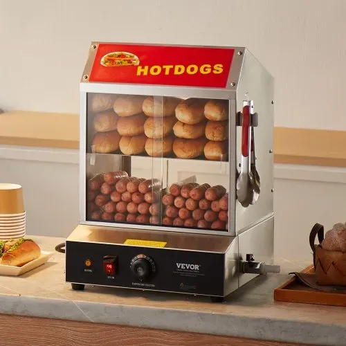 VEVOR Hot Dog Dampfgarer, 27L, 2-stufiger Hot Dog Hütten-Dampfgarer, 30℃~85℃ Temperaturregelung, elektrischer Brötchenwärmer mit Schiebetüren aus gehärtetem Glas, Trennplattenzange, Edelstahl, für Hot Dogs & Brötchen – Bild 7