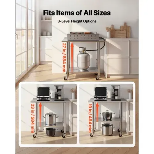 VEVOR Edelstahltisch Gastro 915 x 610 x 894 mm, Verstellbarer Edelstahltisch mit Rollen, Aufkantung (30 mm), Arbeitstisch mit Grundboden für Restaurant Obere Ablage (227 kg) Untere Ablage (191 kg) – Bild 5