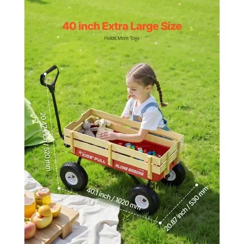 VEVOR Handwagen für Kinder, 102 cm Bollerwagen, Transportwagen mit Schiebestange, aus Holz & Metal, max. 150 kg tragbar, ideal für Kinder ab 5 Jahren, Garten, Ausflüge & Strand, Farbe Rot & Schwarz – Bild 3
