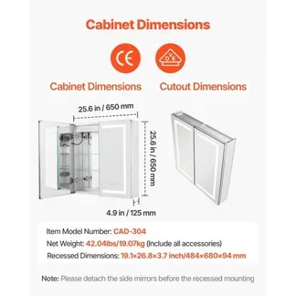 VEVOR beleuchteter Medizinschrank mit Spiegel (65 x 65 cm), Einbau- oder Wandmontage, 3-farbig dimmbarer LED-Badezimmerschrank mit HD-Spiegel, verstellbarer Ablagefläche, Memory-Defog-Funktion VEVOR beleuchteter Medizinschrank mit Spiegel (65 x 65 cm), Einbau- oder Wandmontage, 3-farbig dimmbarer LED-Badezimmerschrank mit HD-Spiegel, verstellbarer Ablagefläche, Memory-Defog-Funktion