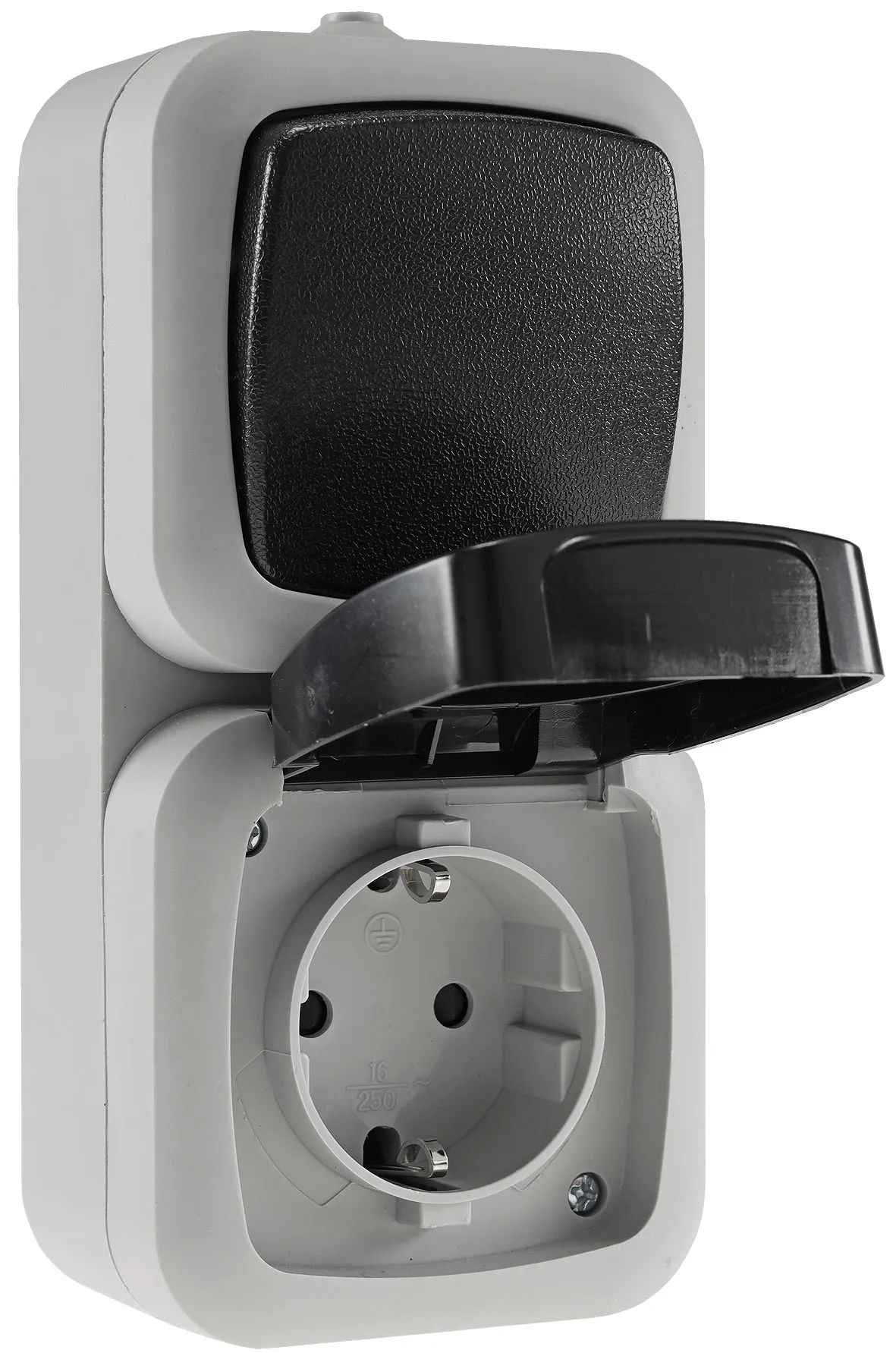 Feuchtraum Kombi-Schalter/Steckdose,IP44 250V~/ 10/16A, grau, AP vertikal Feuchtraum Kombi-Schalter/Steckdose,IP44 250V~/ 10/16A, grau, AP vertikal