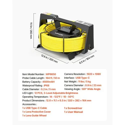VEVOR Endoskopkamera mit WLAN, 50m Inspektionskamera mit 12 LEDs 3 Stufigem Licht, IP68 Rohrkamera mit 4500mAh Batterie & Meter-Markierung, Kanalkamera 1080p HD 120° Objektiv für Abflussinspektion – Bild 6