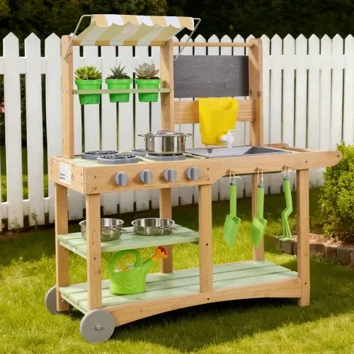 VEVOR Spielküche, Kinderküche, Spielzeugküche mit Löffeln, Spüle, Sonnenschutz, Schwenkrädern, Kochgeschirr & Zubehör, Holzküche, Ideal für Kinder ab 3 Jahren, 880x326x900 mm – Bild 7