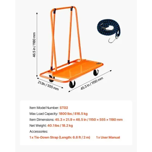VEVOR Plattenwagen, 816 kg Tragkraft, Transportwagen mit 4 Lenkrollen, Paneelwagen, Plattenkarren mit Spanngurt, Transporthilfe für Sperrholz, Gipskarton, Glas, Orange, 1150x555x1180 mm – Bild 6
