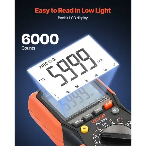 VEVOR Digitalmultimeter, 6000-Count TRMS DC/AC-Voltmeter-Stromtester, automatischer Bereichswahl für Strom, Spannung, Widerstand, Kapazität, Temperatur, Dioden, Durchgang, niedrige Impedanzmessung – Bild 2