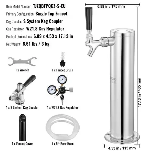 VEVOR Kegerator-Bierturm-Kit, Einzelzapfhahn-Bierumrüstsatz, Edelstahl-Fass-Bierturm-Zapfanlage mit Doppelmessgerät W21.8-Regler und S-System-Fasskupplung für Partys zu Hause – Bild 6