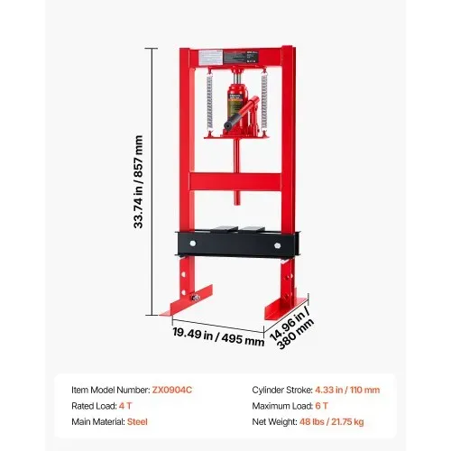 VEVOR Hydraulische Werkstattpresse 6 t H-Rahmen aus Kohlenstoffstahl Rot, 4 Höhenstufen 50–230 mm, Hydraulikpresse mit Beweglicher Pressplatte und Rutschfestem Griff, zum Biegen Richten Pressen – Bild 5