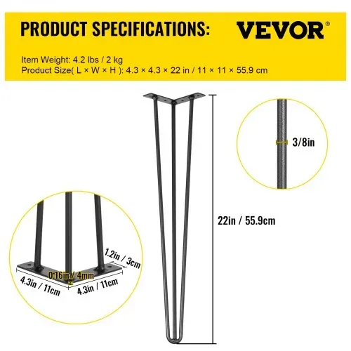 VEVOR Tischbein Metall 55,9 cm Tischgestell Schwarz 4 Stück Möbelfüße verstellbar austauschbare Diy Haarnadel Tischbeine 3 Pfosten – Bild 6
