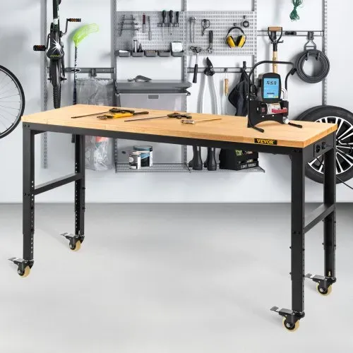 VEVOR Werkbank, höhenverstellbar, 154,9 x 50,8 cm, Garagentisch mit 79,5 cm – 104,9 cm Höhe und 725,7 kg Kapazität, Steckdosen und Hartholzplatte und Metallrahmen und Lenkrollen, für Werkstatt Büro Zu – Bild 7