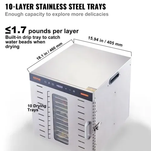 VEVOR 1000 W Dörrautomat Edelstahl, 377 x 285 mm 10 Stk. Tabletts 360° Trocken, Dörrgerät, Temperaturregelung, 0,5 bis 48-Stunden-Timer, Überhitzungsschutz, Rezeptheft für Fleisch Obst Gemüse – Bild 2