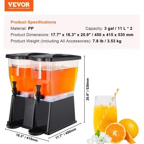 VEVOR Getränkespender, 11 L x 2 Getränkespender für Partys, Saftspender aus Kunststoff mit Standhahndeckel, Eistee-Limonadensaft-Wasserspender, für Restaurants, Hotels, Partys – Bild 6
