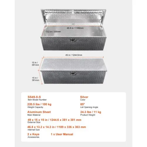 VEVOR Werkzeugkasten aus Aluminium für die Ladefläche mit seitlichem Griff & Schlossschlüsseln, Aufbewahrungs-Werkzeugkiste für Anhänger Pickup Wohnmobil (1244,6 x 381 x 381 mm) Silber – Bild 6