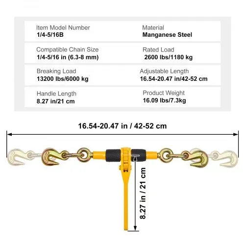 VEVOR Ratschenkettenbinder, 1/4"-5/16", 2600 lbs sichere Arbeitslast, 4er-Pack Lastbinder mit 2 Greifhaken, Zurrgurte für Transportketten, Hochleistungs-Abschleppketten-Ratschenbinder für Pritschenwagenanhänger – Bild 6