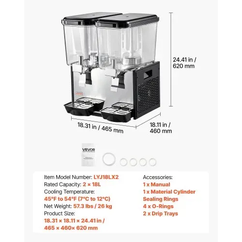 VEVOR Elektrischer Getränkespender 2 x 18 L 7-12 °C Saftspender mit PC-Behälter, für Restaurants, Hotels, Bars und Kioske, mit Rührstab für Gleichmäßige Durchmischung, Druckschalter und Auffangschale – Bild 6