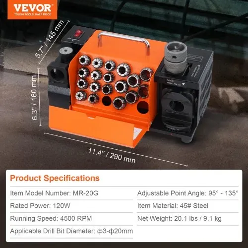 VEVOR Bohrerschleifgerät 120 W Bohrerschleifmaschine 4500 U/min Schärfstation 45# Stahl Bohrerschärfgerät 95-135° Einstellbarer Spitzenwinkel 18 Spannzangen Geeignet für Bohrerdurchmesser φ3–20 mm – Bild 6