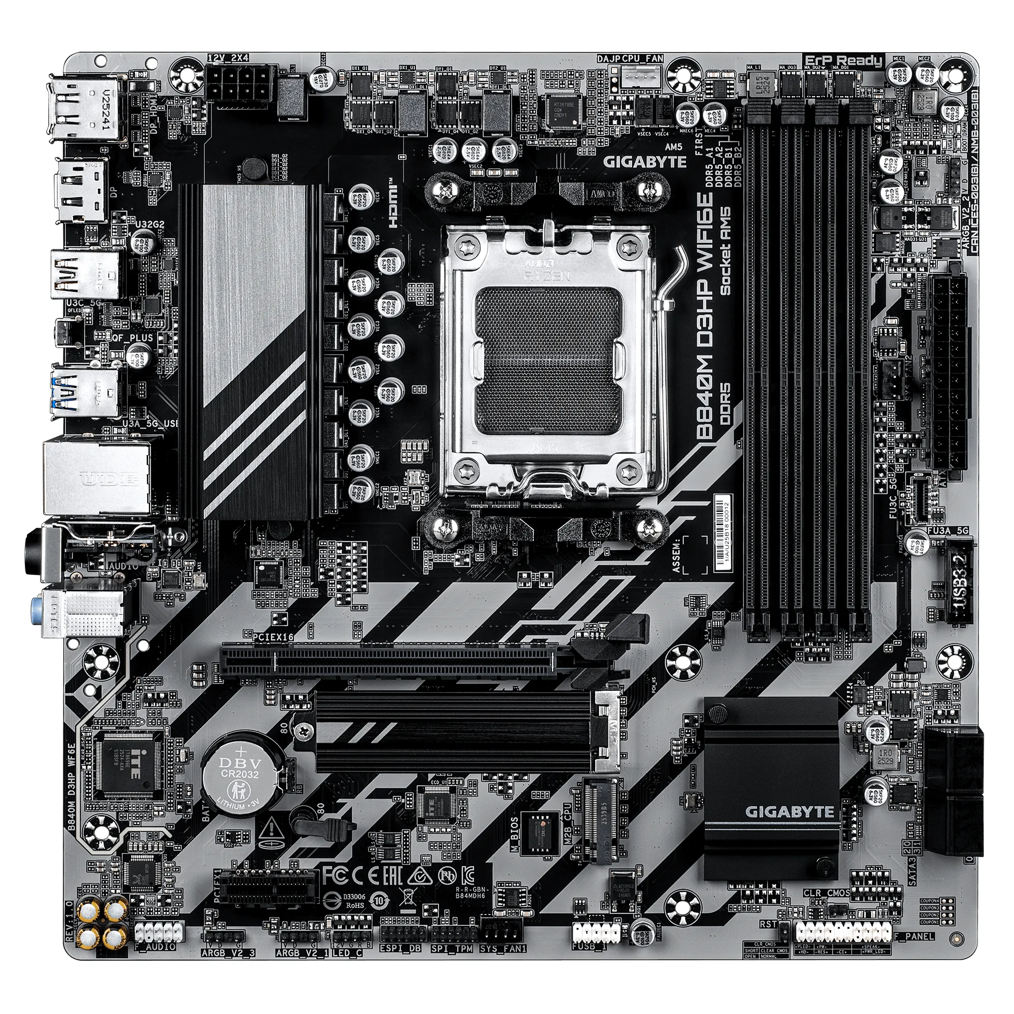 GIGABYTE B840M D3HP WIFI6E Mainboard – AMD Ryzen 9000 CPUs, 8+2+2-Phasen-VRM, bis zu 8200 MHz DDR5 (O.C.), 2× PCIe-4.0-M.2, Wi-Fi 6E, 1-GbE-LAN, USB 3.2 Gen 2 – Bild 2