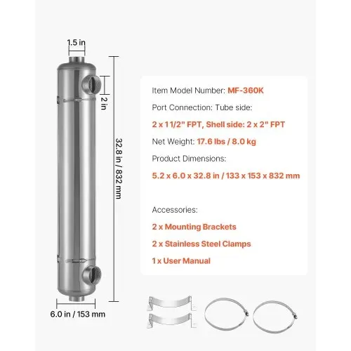 VEVOR Schwimmbad Wärmetauscher 105,5 kW, Edelstahl Schwimmbadheizer mit 30 Rohren, Pool-Wärmeüberträger mit 1,0 MPa Druck & 0,69 m² Wärmetauscherfläche, Wärmeaustauscher für Poolsystem Spa Heizung – Bild 6