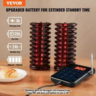 VEVOR Restaurant-Pager-System, Kabelloses Warteschlangensignal mit 500 m Effektiver Reichweite in Offenem Gelände, Piepser zur Rufannahme von Gästen mit Vibration und Blinken, 20 Pager für Imbisswagen VEVOR Restaurant-Pager-System, Kabelloses Warteschlangensignal mit 500 m Effektiver Reichweite in Offenem Gelände, Piepser zur Rufannahme von Gästen mit Vibration und Blinken, 20 Pager für Imbisswagen