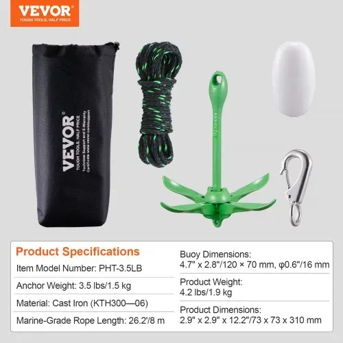 VEVOR Kajak-Ankerset, 3,5 lbs Paddle Board-Ankerset mit 8 m Seil und Boje, Faltbarer Kleiner Bootsanker mit Aufbewahrungstasche und Karabinerhaken, Kajak-Zubehör für Kajaks, Kleine Boote, Kanus – Bild 6