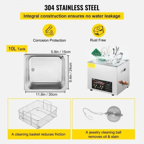 VEVOR 10 L verbesserter Ultraschallreiniger (400 W Heizung, 240 W Ultraschall) Professioneller digitaler Labor-Ultraschallreiniger mit Heizungstimer für die Reinigung von Teilen und Instrumenten – Bild 4