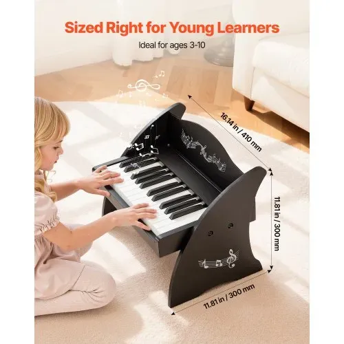 VEVOR Kinder Keyboard, 25 Tasten, Digitales Holzpiano, Holzklavier ab 3 Jahren, Mini-Musikinstrument mit Realistischem Klang, Dual-Power, Einstellbare Lautstärke, Musikalische Früherziehung, Schwarz – Bild 2