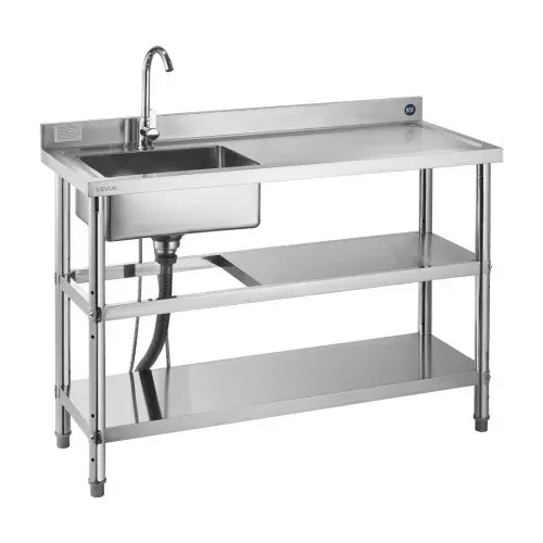 VEVOR Spültisch Spülbecken Edelstahl (120 x 50 x 94 cm), Einzelbecken mit Wasserhahn & 2 Ablagefächern, Küchenspüle für Garage Restaurant, Waschtisch Außenspüle mit Arbeitsplatte (recht) – Bild 9