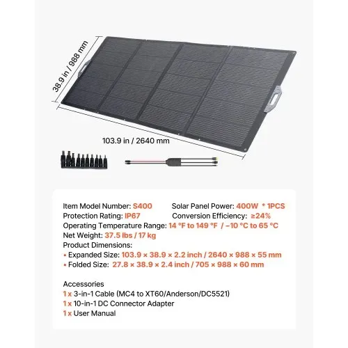 VEVOR Faltbares Solarpanel 400 W, Tragbares Solarladegerät 24 % Hocheffizienz, Monokristallines Solarmodul mit MC4-Ausgang & 10-in-1-DC-Adapter, IP67, für Powerstations, Camping, Wandertouren – Bild 6