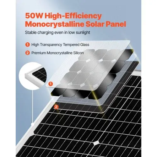 VEVOR Solarpanel 12V Monokristallines Solarpanel-Kit, 50W, für Mono-Solarmodule mit verbessertem MPPT-Controller, für Auto, Boot, RV, Anhänger, Flachdach (Halterung nicht im Lieferumfang enthalten) VEVOR Solarpanel 12V Monokristallines Solarpanel-Kit, 50W, für Mono-Solarmodule mit verbessertem MPPT-Controller, für Auto, Boot, RV, Anhänger, Flachdach (Halterung nicht im Lieferumfang enthalten)