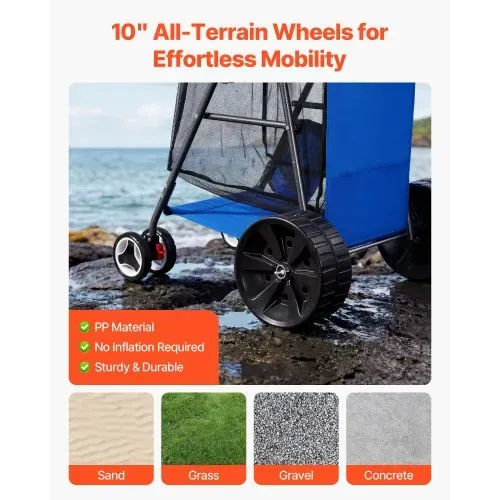 VEVOR Strandwagen mit Vollgummirädern (10 Zoll), Faltbarer Strandtrolley mit Isoliertasche & Schirmhalter, Handwagen (75 kg Belastbar) für bis zu 4 Strandstühle, Strandkarre Ideal für Camping & Angeln – Bild 2