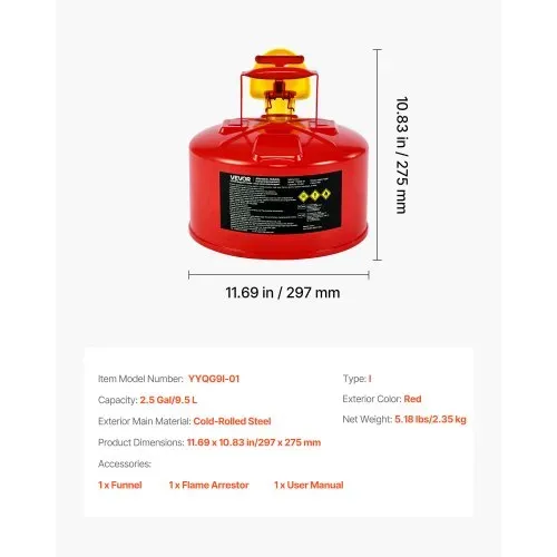 VEVOR Sicherheitskanister, 9,5 L Typ I, roter Sicherheitsbehälter für Benzin mit Flammensperre aus Edelstahl, selbstschließendem Deckel & PE-Trichter, Lagerbehälter für brennbare Stoffe, Rot – Bild 6