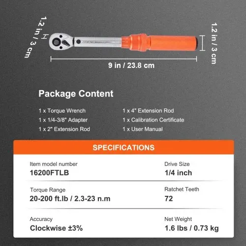 VEVOR Drehmomentschlüssel 6,35 mm, 2,3–23Nm Drehmomentschlüssel Fahrrad & Motorrad Set, ± 3% Fehlergenauigkeit 2 Verlängerungsstangen 127 & 76.2mm, 12.7 mm-6,35 mm Adapter, 72 Zähne Ratschenkopf Einstellbar – Bild 6
