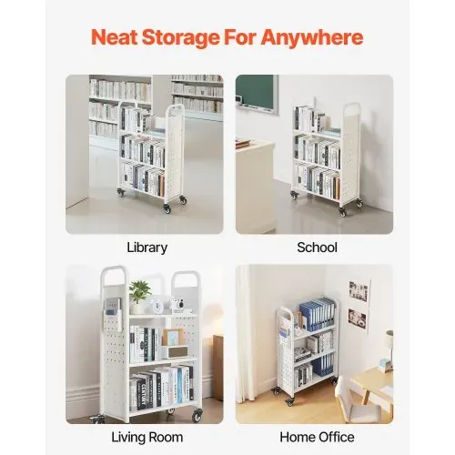 VEVOR Bücherwagen, 150 kg Tragkraft, Bibliothekswagen, 77 x 38 x 122 cm, einseitiges L-förmiges Bücherregal mit Doppelbremsrollen, Bücherregalwagen für Wohnzimmer, Büro, Schule, Weiß – Bild 5