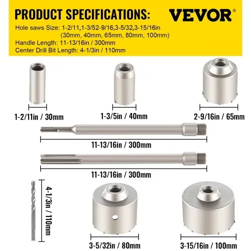 VEVOR Beton Bohrkronen Set Lochsäge 11 Stück mit SDS Max/SDS Plus & 2 Zentrierbohrer, Steckdosenbohrer Dosensenker Kronenbohrer für Mauerwerk 30-100 mm Ziegel Beton Zement Stein Wandmaterial – Bild 6