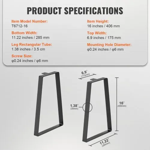 VEVOR 2er-Set Tischkufen 406,4mm hoch Tischgestell 181kg Tragfähigkeit Tischbeine aus Kohlenstoffstahl Möbelfüße Schwarz Tischuntergestell Ideal für Küchentische Wohnzimmerkonsolen Studio-Tische usw. – Bild 6