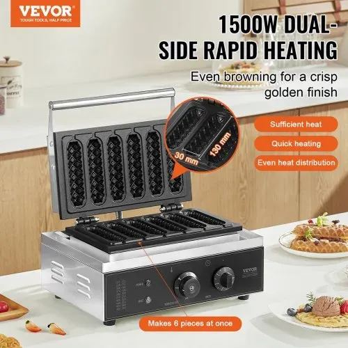 VEVOR kommerzieller Waffeleisen Waffel Maker 6-teilig 1500 W, antihaftbeschichtetes Edelstahl-Waffeleisen für Mais-Hotdogs mit Temperatur- und Zeitregelung, für Restaurant Bäckerei Snackbar Familie VEVOR kommerzieller Waffeleisen Waffel Maker 6-teilig 1500 W, antihaftbeschichtetes Edelstahl-Waffeleisen für Mais-Hotdogs mit Temperatur- und Zeitregelung, für Restaurant Bäckerei Snackbar Familie