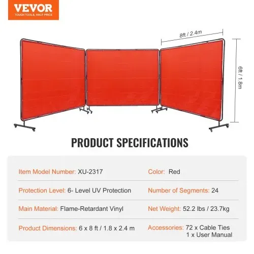 VEVOR Schweißschirm mit Rahmen, 1,8 x 2,4 m 3-Panel-Schweißvorhangschirme, flammhemmender Vinyl-Schweißschutzschirm auf 12 Schwenkrädern (6 feststellbar), beweglich und professionell für die Werkstatt, Ro – Bild 6